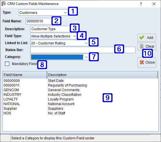 CRM Custom Fields Maintenance Screen