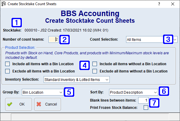 Create Stocktake Count Sheets Screen