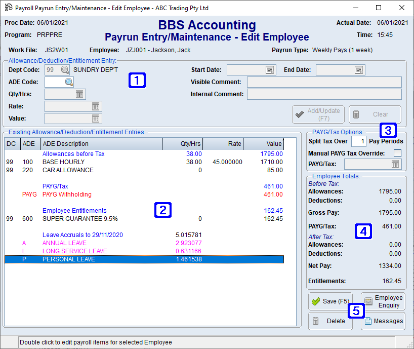 Payrun Entry/Maintenance - Edit Employee Screen