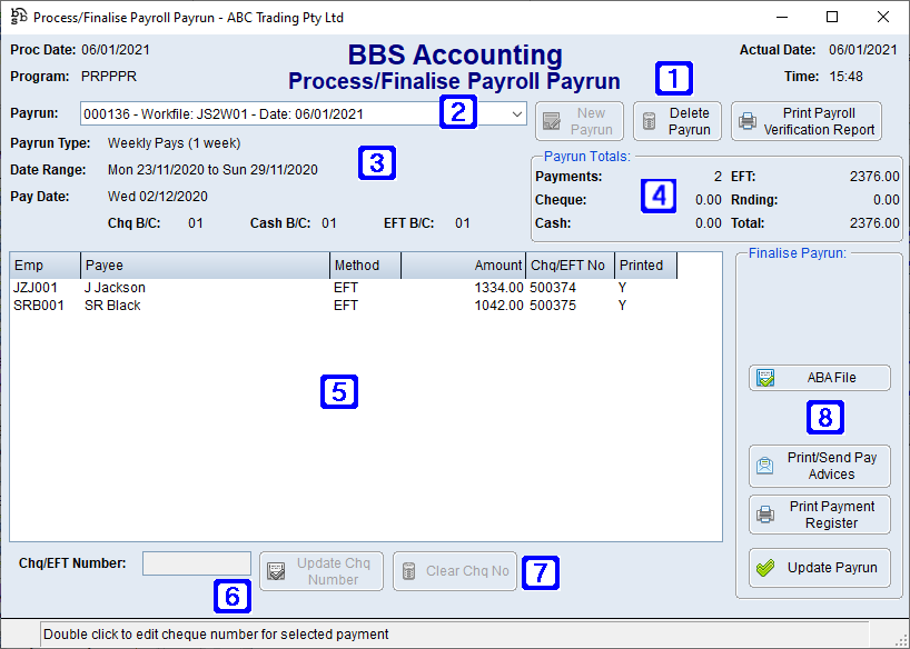 Process/Finalise Payroll Payrun Screen