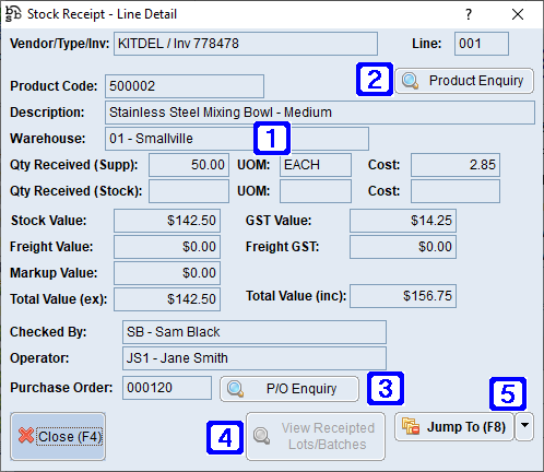 Stock Receipt - Line Detail Screen