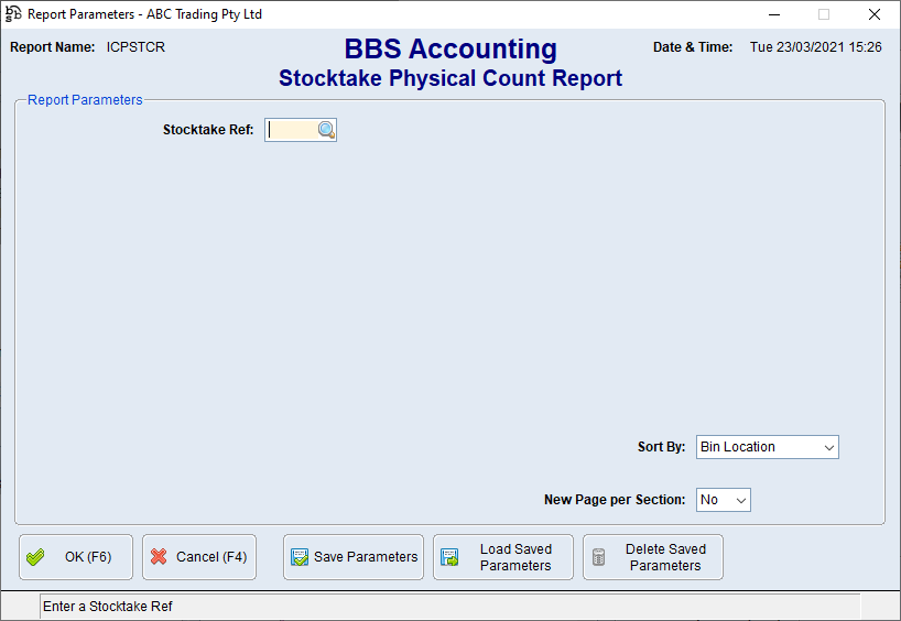 Stocktake Physical Count Report Screen