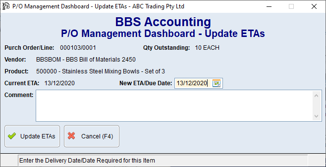 P/O Management Dashboard - Update ETAs screen