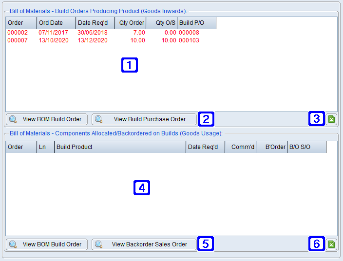 Outstanding BOM Build Orders Tab Screen