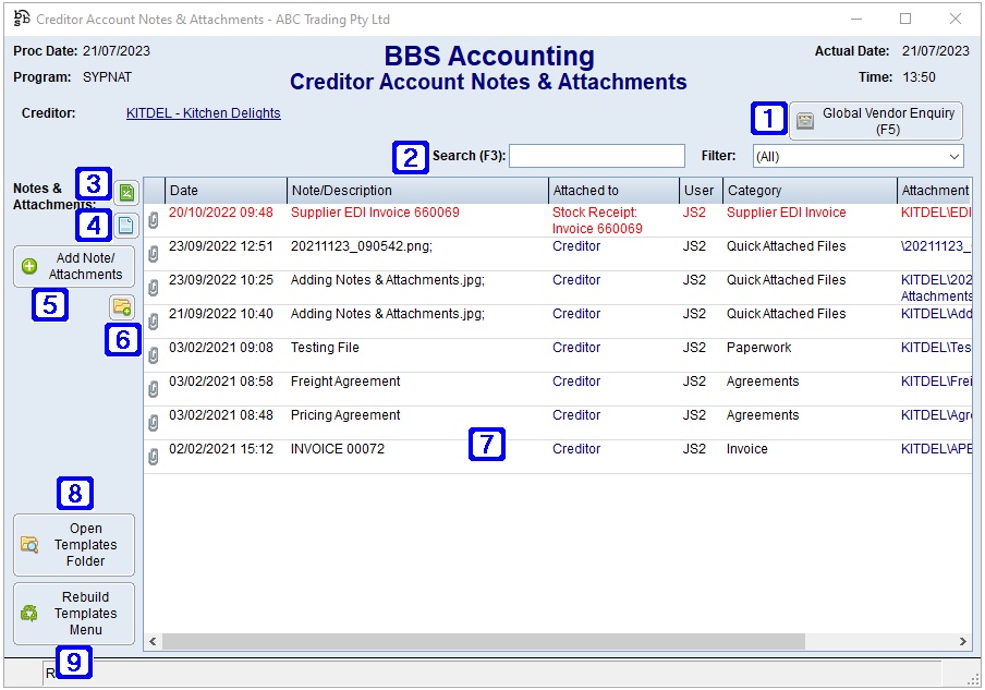 Creditor Account Notes & Attachments Screen