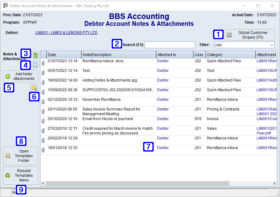 Debtor Account Notes & Attachments Screen