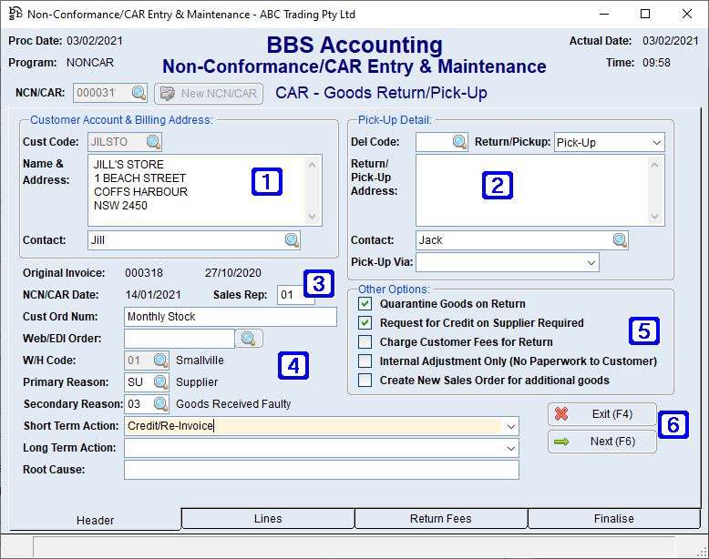 Non-Conformance/CAR Entry & Maintenance Header Tab Screen