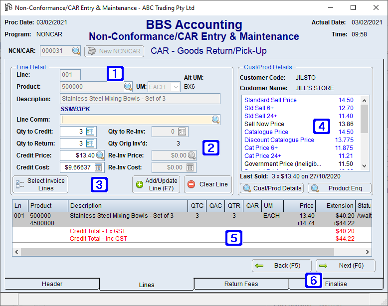 Non-Conformance/CAR Entry & Maintenance Lines Tab Screen