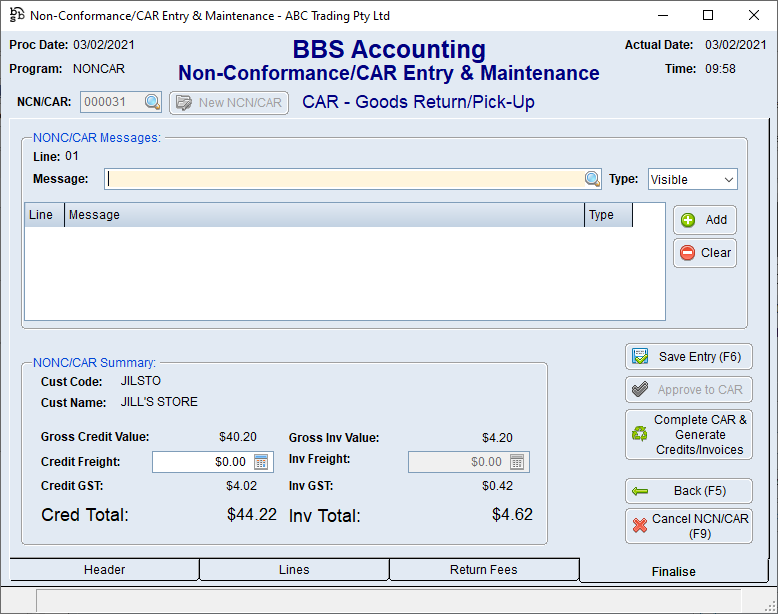 Non-Conformance/CAR Entry & Maintenance Finalise Tab Screen