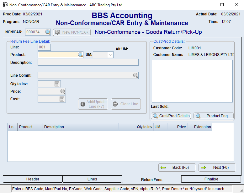 Non-Conformance/CAR Entry & Maintenance Return Fees Tab Screen