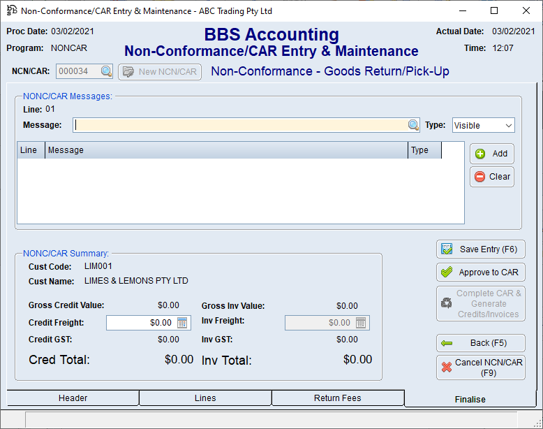 Non-Conformance/CAR Entry & Maintenance Finalise Tab Screen