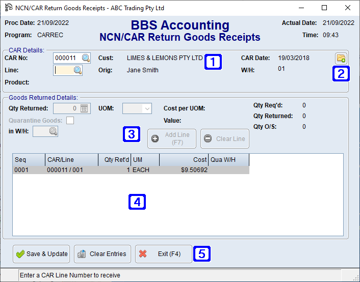 NCN/CAR Return Goods Receipts Screen