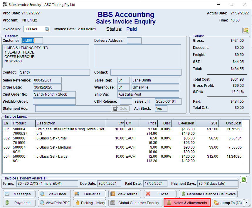 Sales Invoice Enquiry Screen