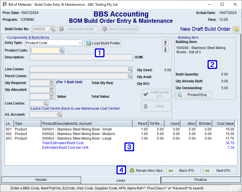 BOM Build Order Entry & Maintenance Lines Tab Screen