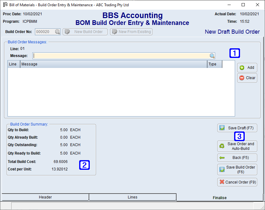 BOM Build Order Entry & Maintenance Finalise Tab Screen