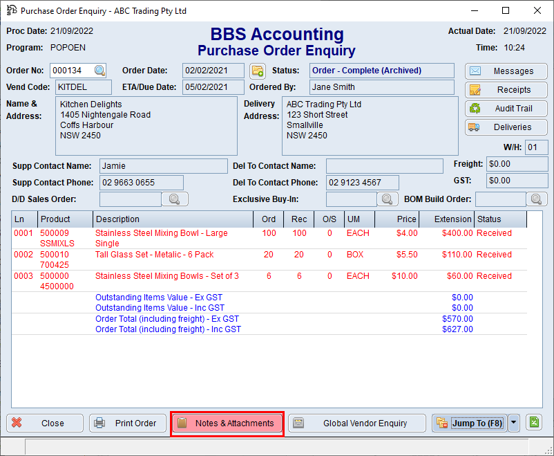 Purchase Order Enquiry Screen