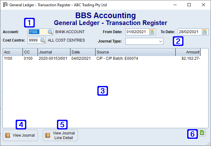 General Ledger - Transaction Register Screen