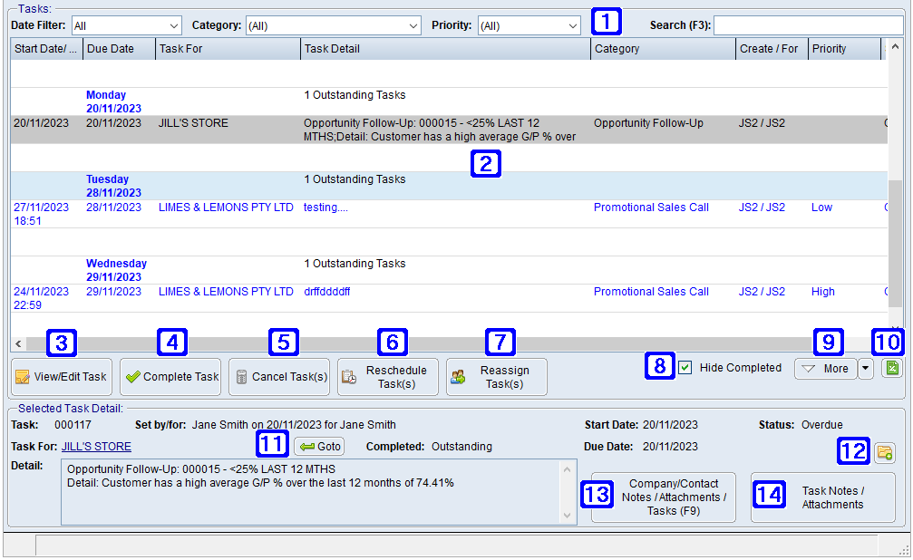 Contact Relationship Manager Tasks Tab Screen - List view