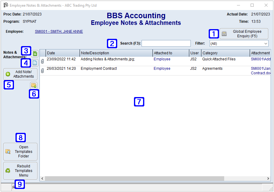 Employee Notes & Attachments Screen