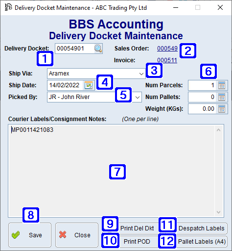 Delivery Docket Maintenance Screen