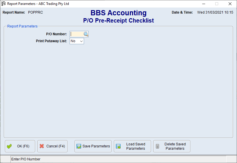 P/O Pre-Receipt Checklist Screen