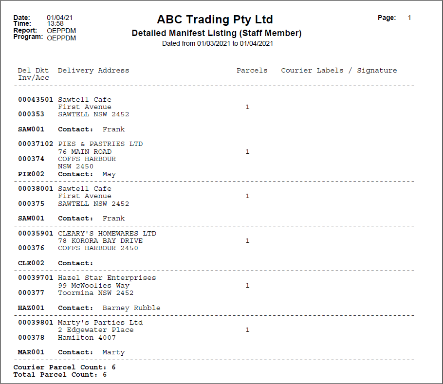 Detailed Manifest Listing - Example