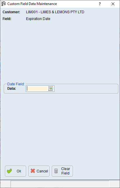 Custom Field Data Maintenance - Date Field Screen