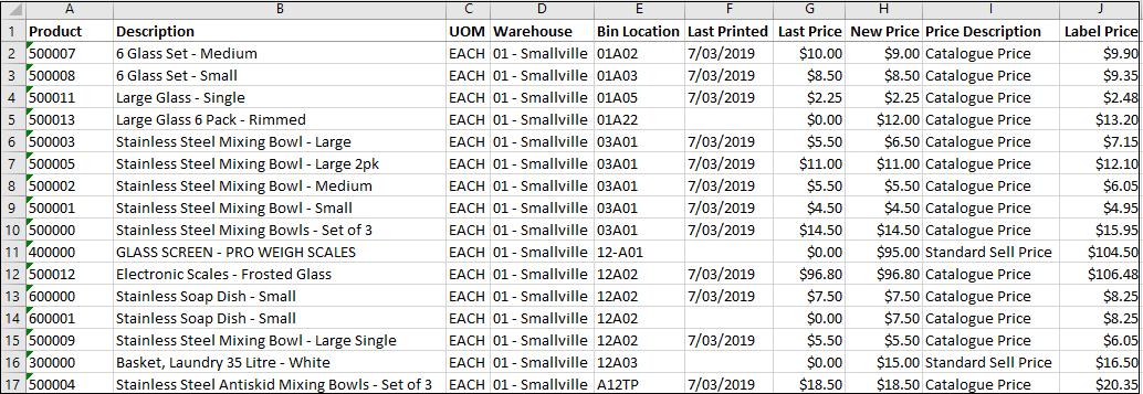 Shelf Label Report - Example