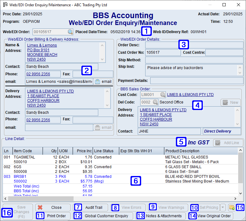 Web/EDI Order Enquiry/Maintenance Screen