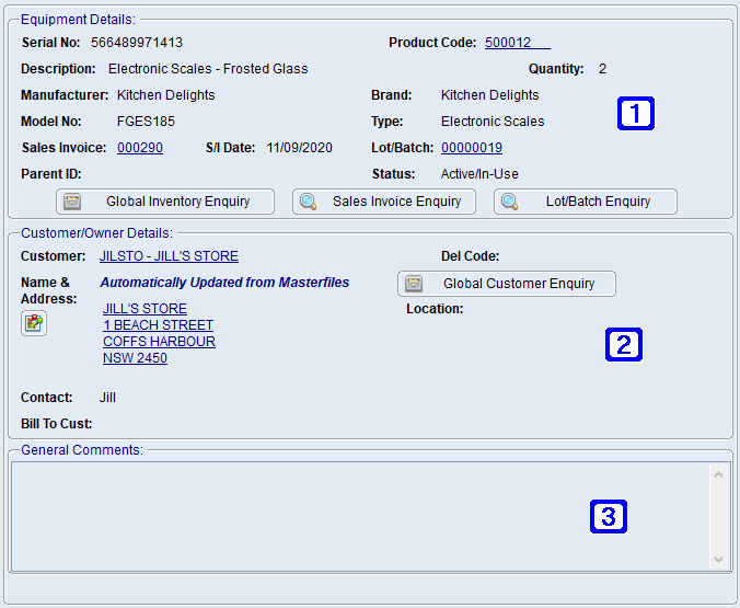 Global Equipment Enquiry - General Information Tab Screen