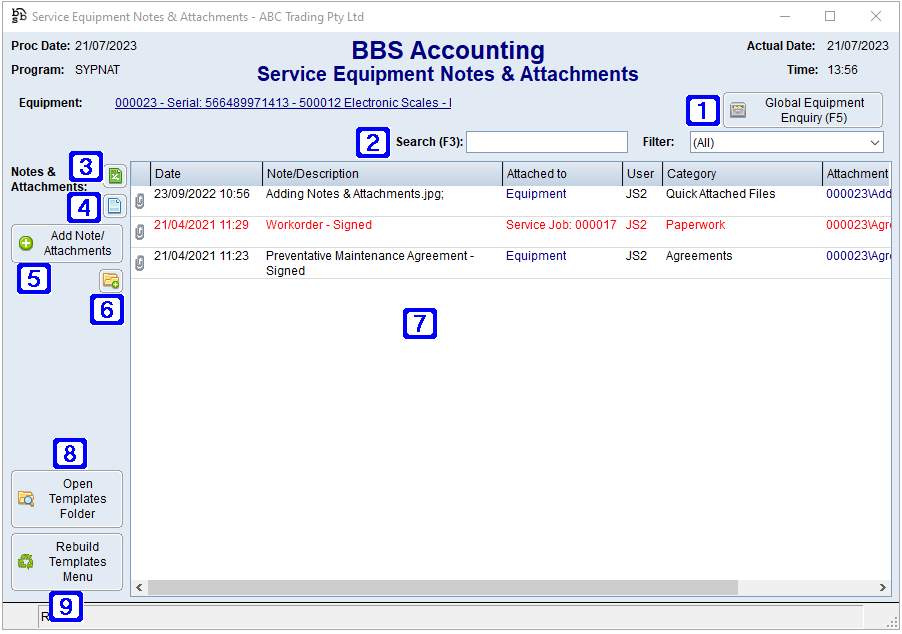 Service Equipment Notes & Attachments Screen