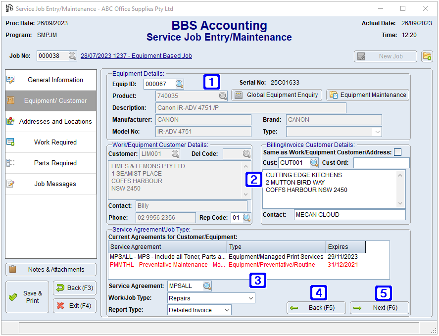 Service Job Entry/Maintenance - Equipment/Customer Tab Screen