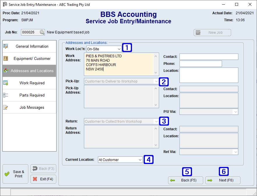 Service Job Entry/Maintenance - Addresses and Locations Tab Screen