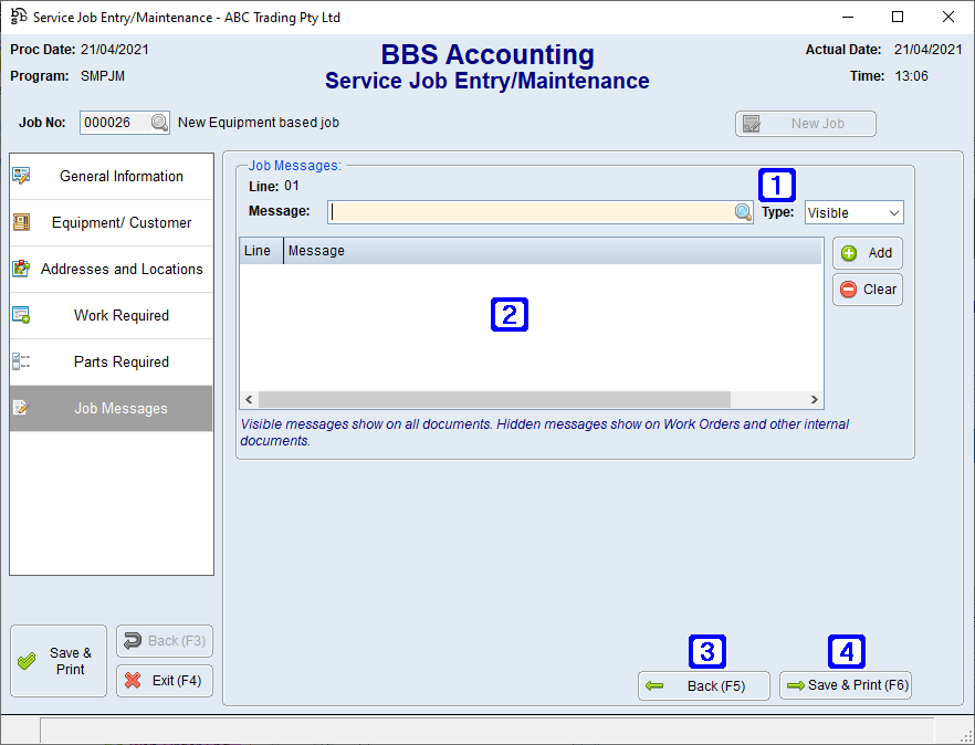 Service Job Entry/Maintenance - Job Messages Tab Screen
