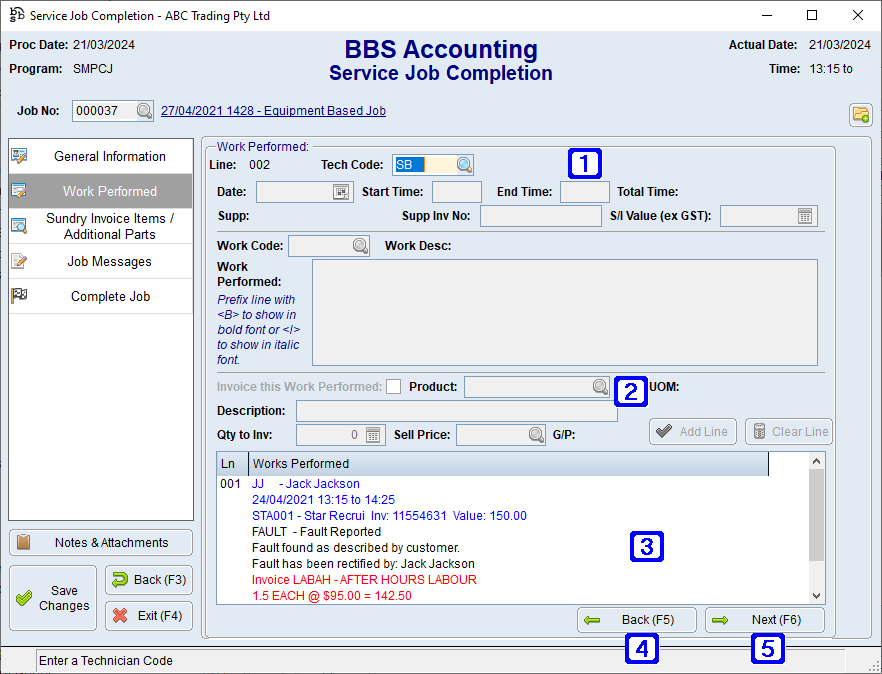 Service Job Completion - Work Performed Tab Screen