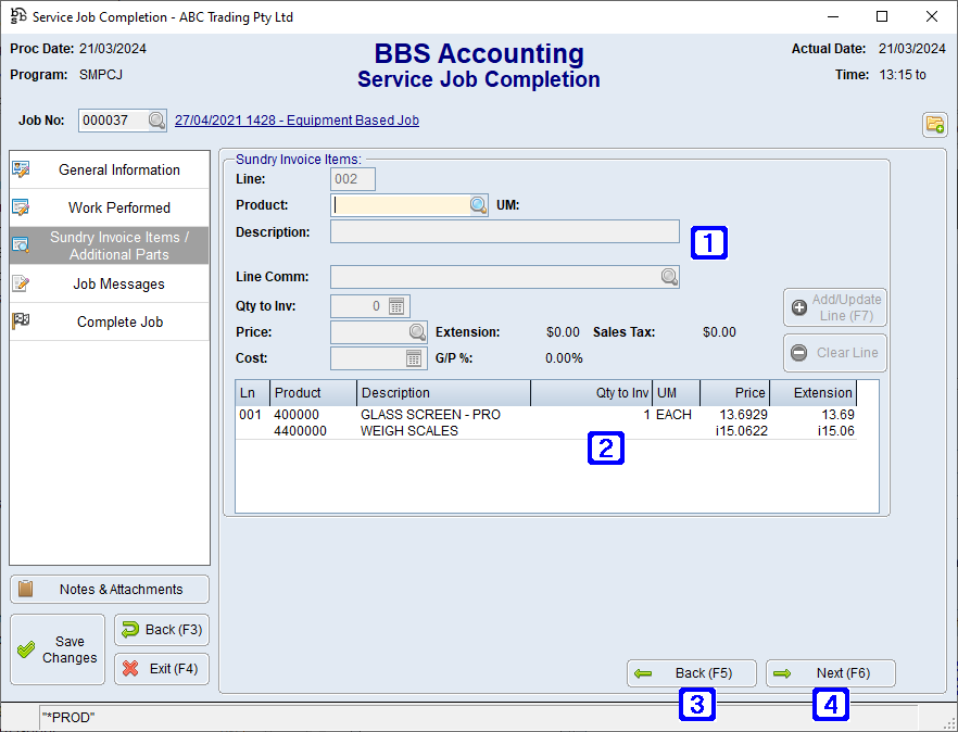 Service Job Completion - Sundry Invoice Items/Additional Parts Tab Screen