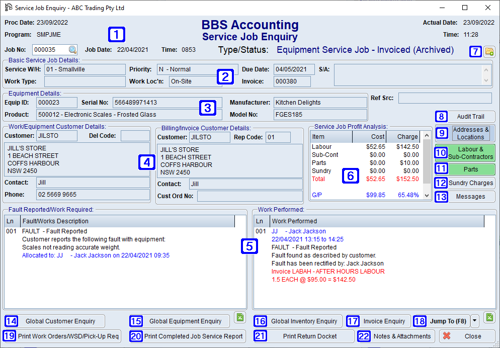 Service Job Enquiry Screen