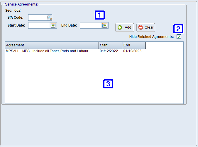 Equipment Masterfile Maintenance - Service Agreements Tab