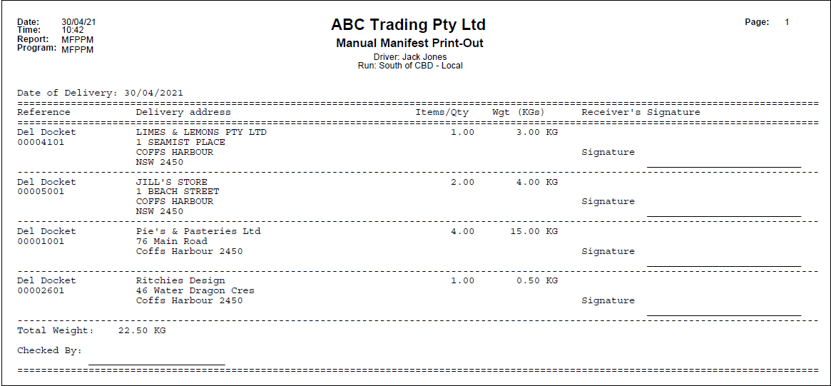 Manual Manifest Print-Out - Example