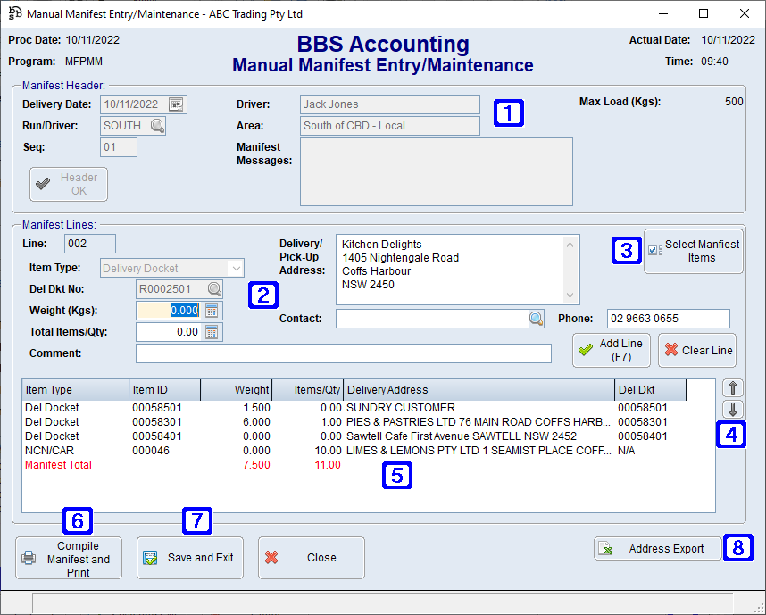 Manual Manifest Entry/Maintenance Screen