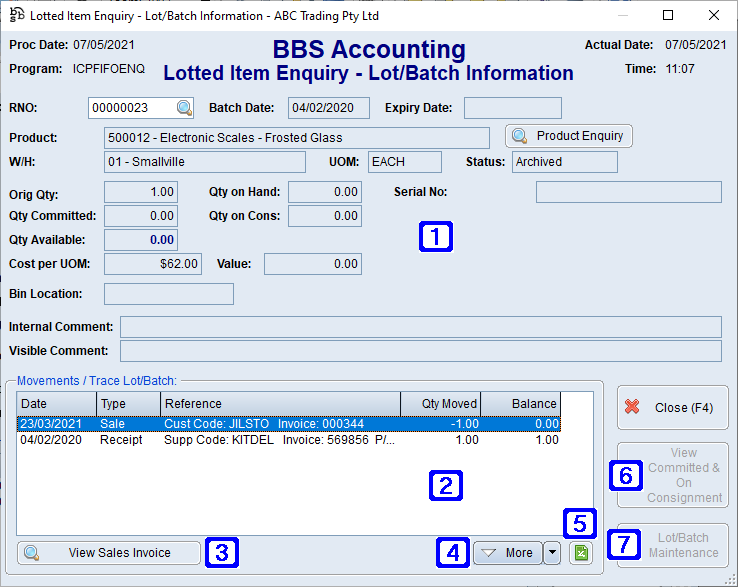 Lotted Item Enquiry - Lot/Batch Information Screen