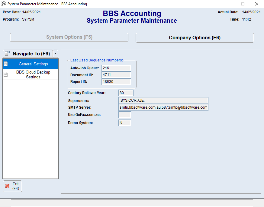 System Parameter Maintenance Screen