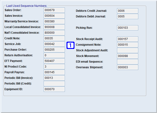 System Parameter Maintenance - Sequence Numbers Screen