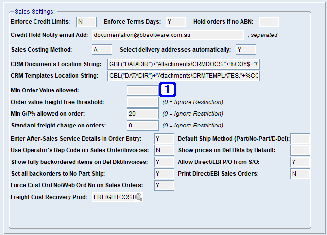 System Parameter Maintenance - Sales Settings Screen