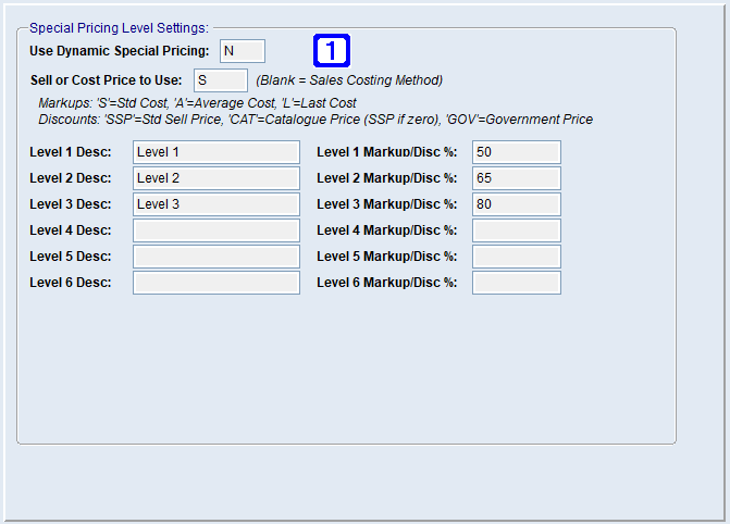 System Parameter Maintenance - Special Pricing Levels Screen