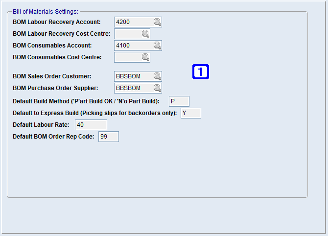 System Parameter Maintenance - Bill of Materials Settings Screen