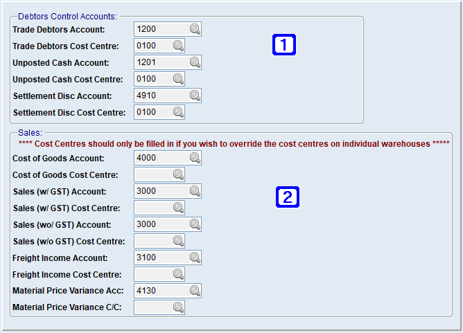 System Parameter Maintenance - G/L Interface Sales/Debtors Screen