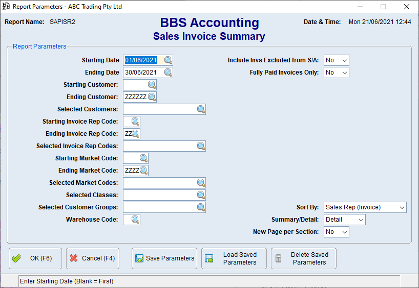 Sales Invoice Summary Screen