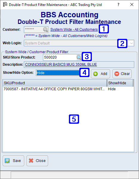 Double-T Product Filter Maintenance Screen