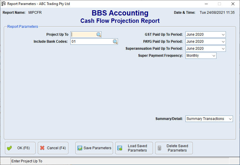 Cash Flow Projection Report Screen